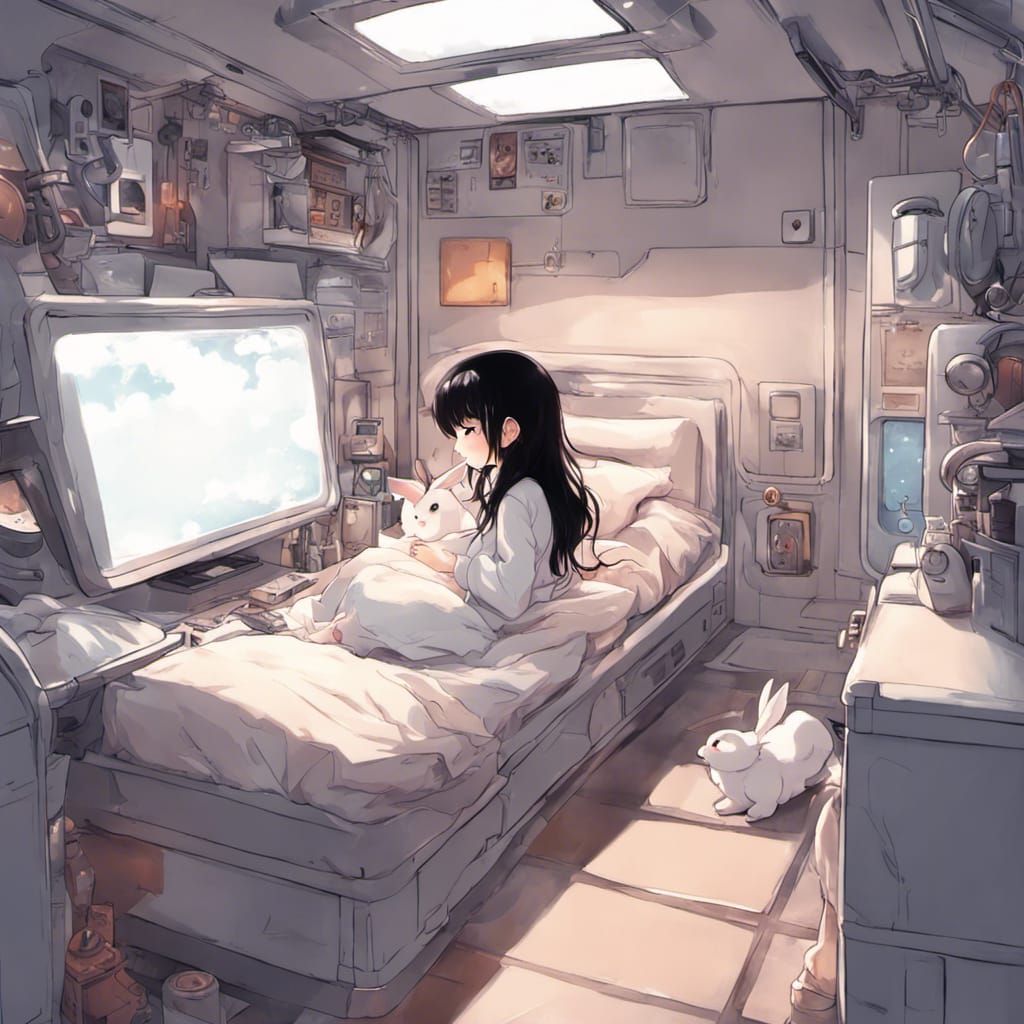 Anime Girl with Rabbit in Spaceship Room
