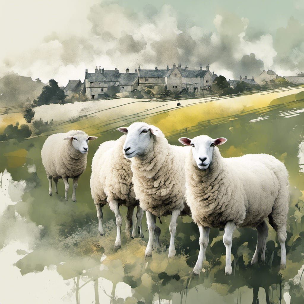 Double Exposure Sheep in Colorful Cotswold Landscape