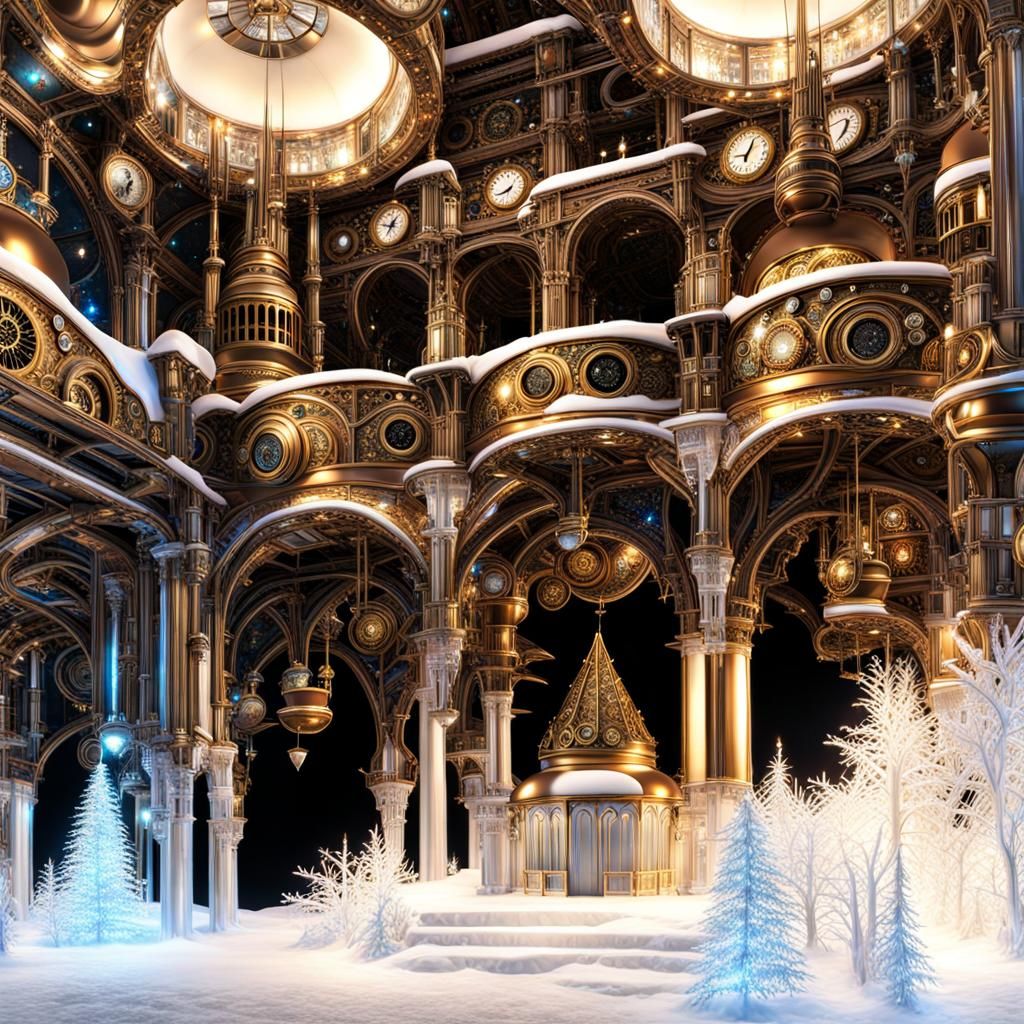 Icy Steampunk Palace with Christmas Decorations