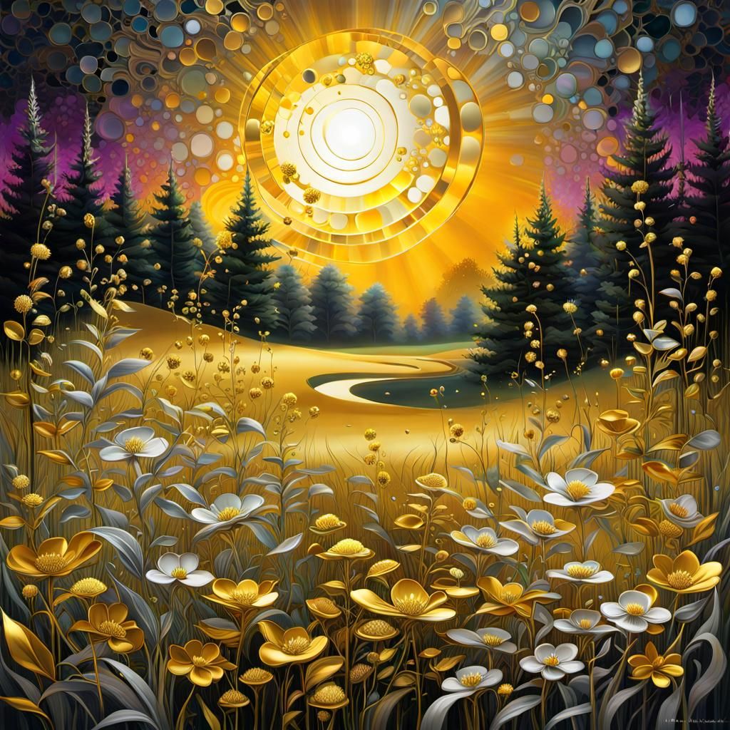 Golden Meadow with Silver Flowers in Graffiti Art Style