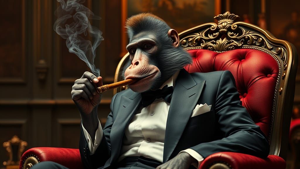 Elegant Mandrill in Tuxedo Puffs on Cigar