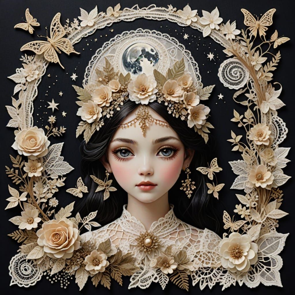 Lace Collage Faerie Princess Under the Moon