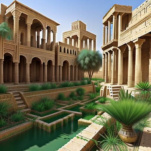 Ancient Babylon, Mesopotamia (present-day Iraq). Lush greenery cascades down a series of tiered terraces, defying the ar...