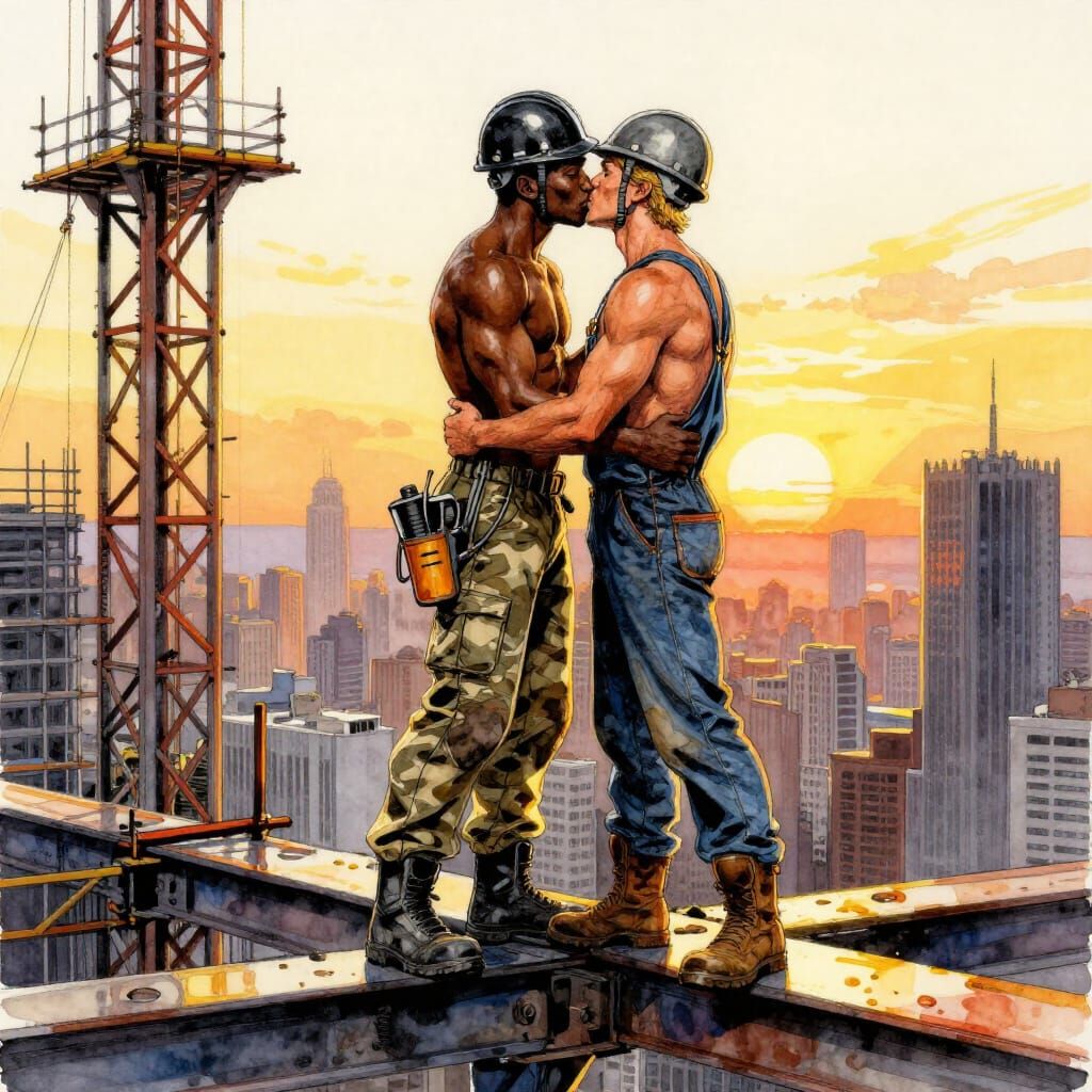Construction Workers Share Kiss At Sunset In Alcohol Ink Sty...
