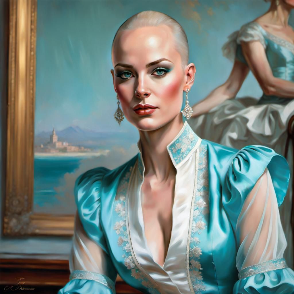 Bald Woman in Rococo Blouse, Art Gallery Portrait