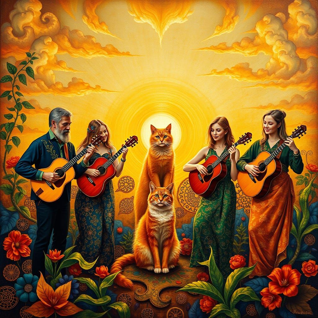 Surreal Celtic Musicians Gathered Around a Regal Golden Cat ...