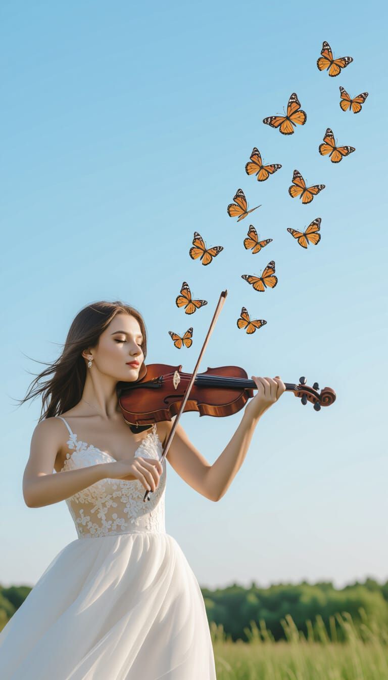 Woman Playing Violin with Butterflies in Morning Light