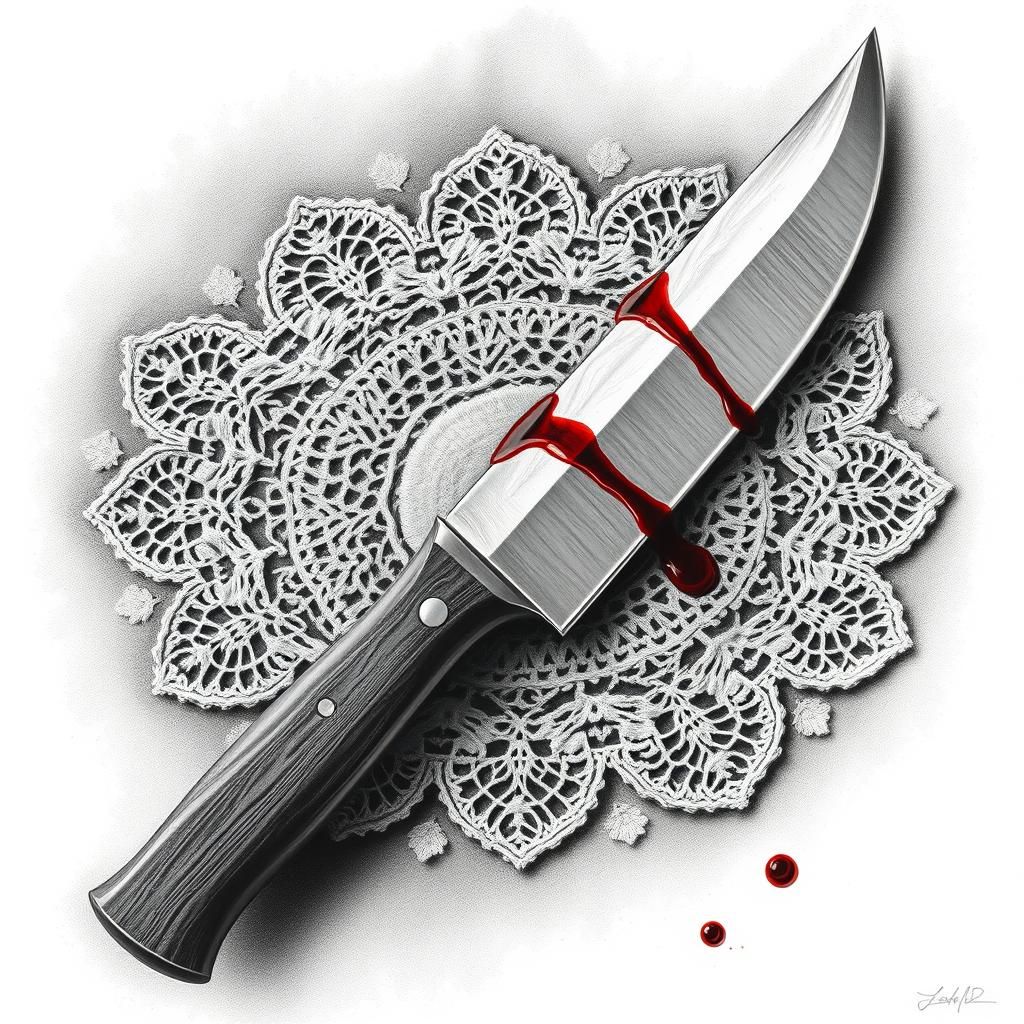 Hunting Knife on Doily in Charcoal Style