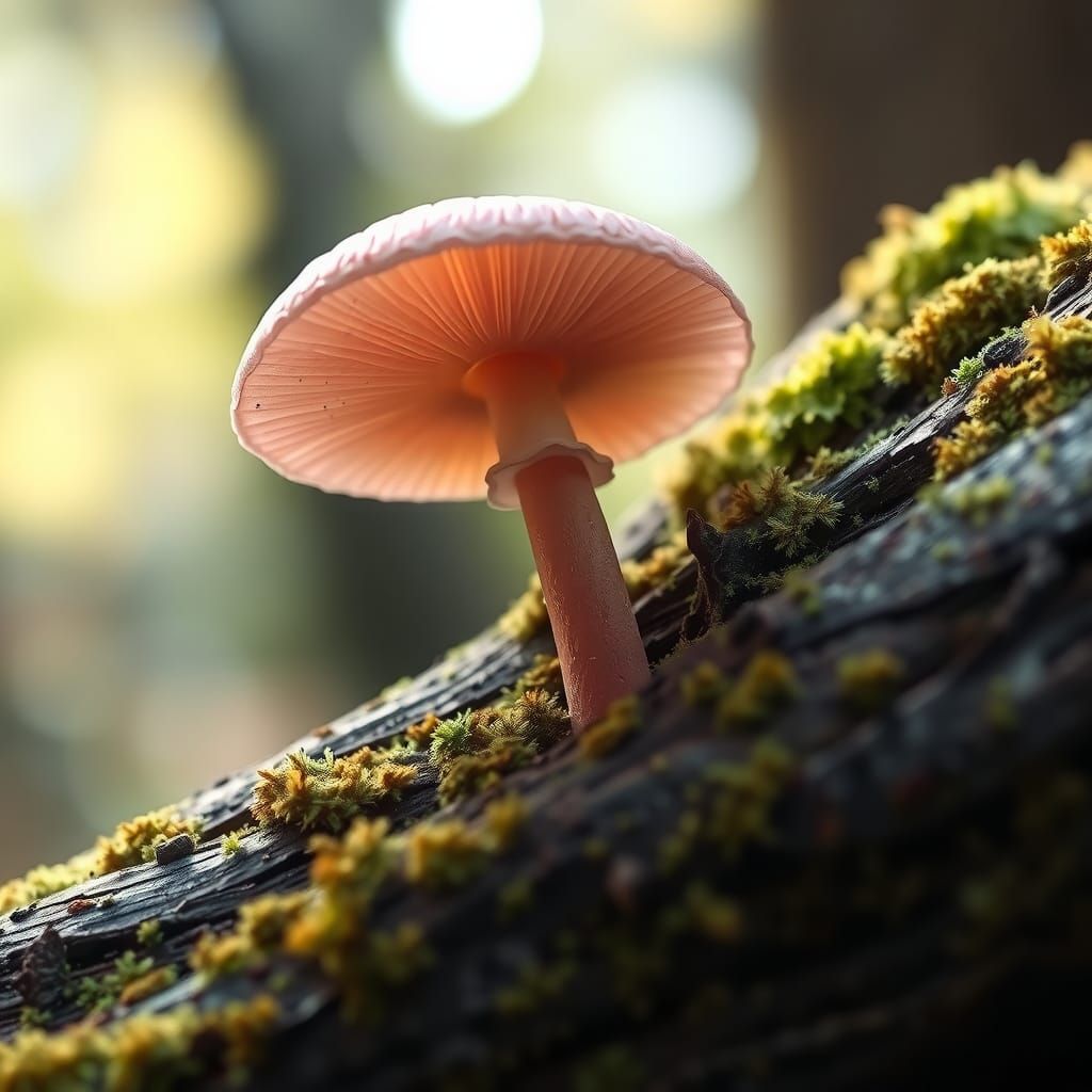 Delicate Pink Mushroom on Mossy Log
