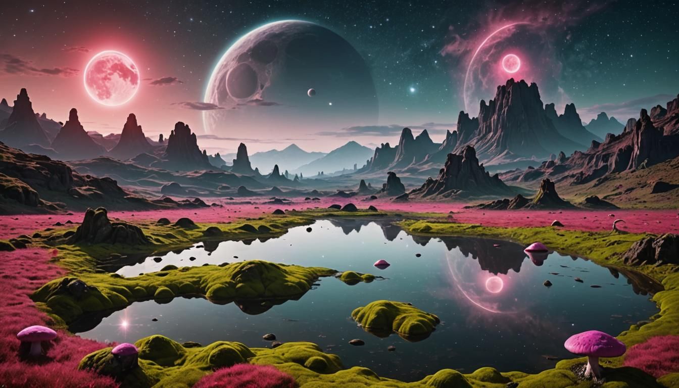 Alien Landscape with Gray Alien and Mushrooms