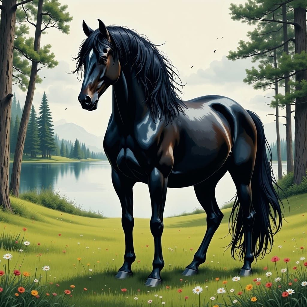 Majestic Black Horse in Futuristic Digital Art Style