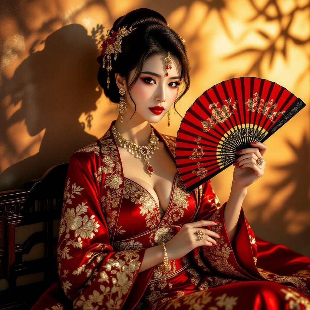 Elegant Asian Woman in Red & Gold Dress with Hand Fan