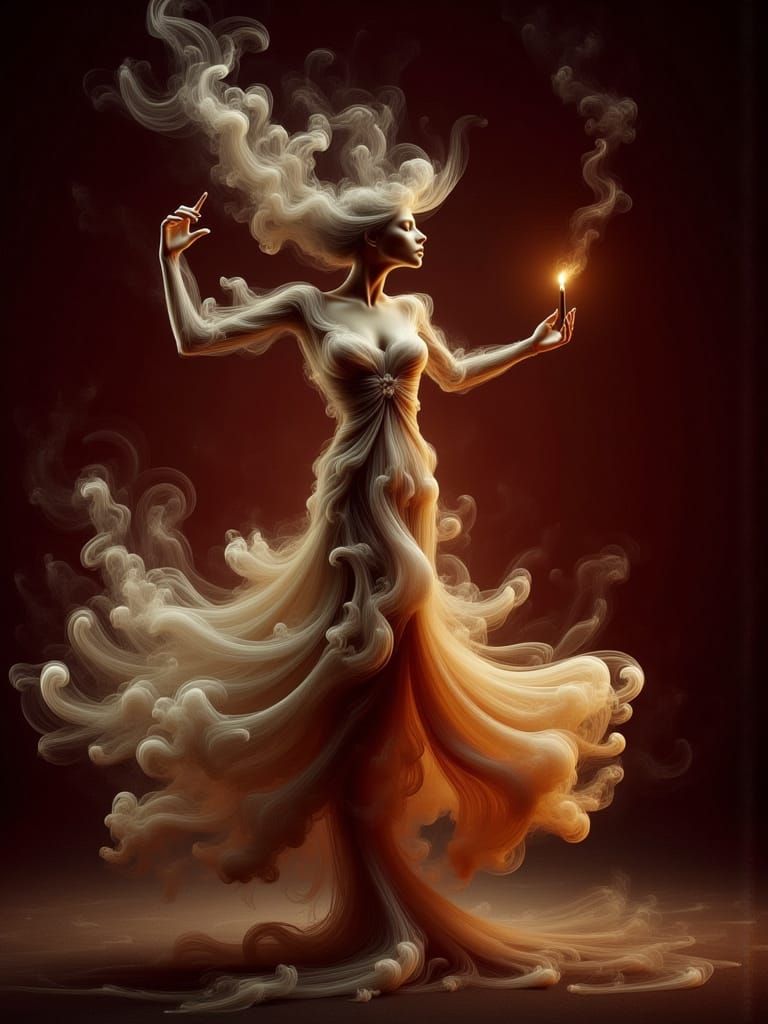 Woman of Smoke Dances Above Candle in Dark Room