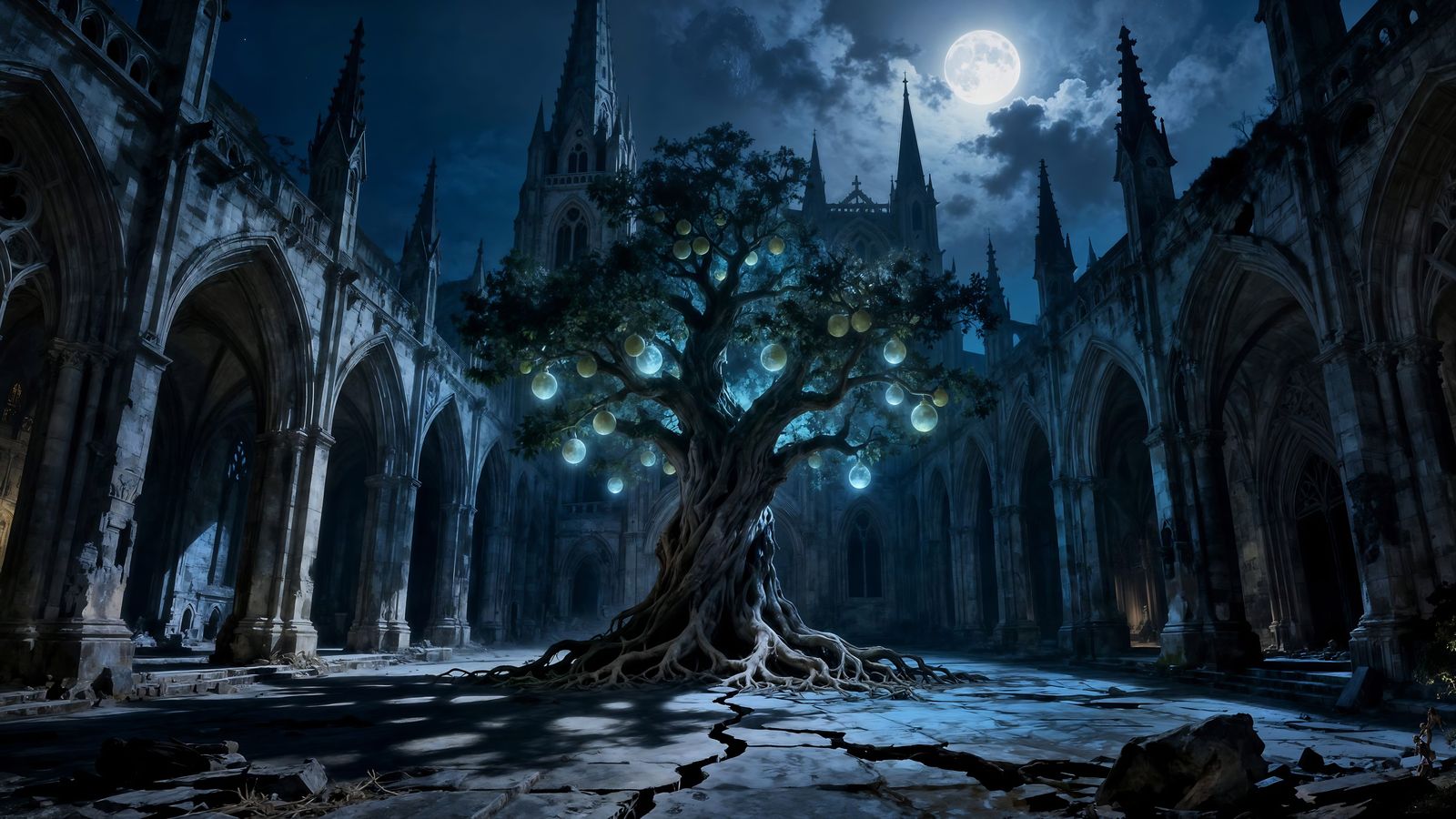 Gothic Cathedral With Ancient Tree Under Moonlit Sky