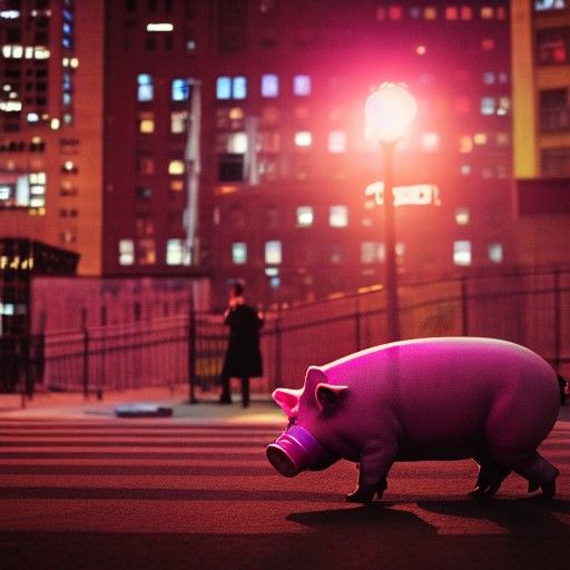 A green monster pig with an eyepatch dancing in New York City. Professional photography, bokeh, natural lighting, canon ...