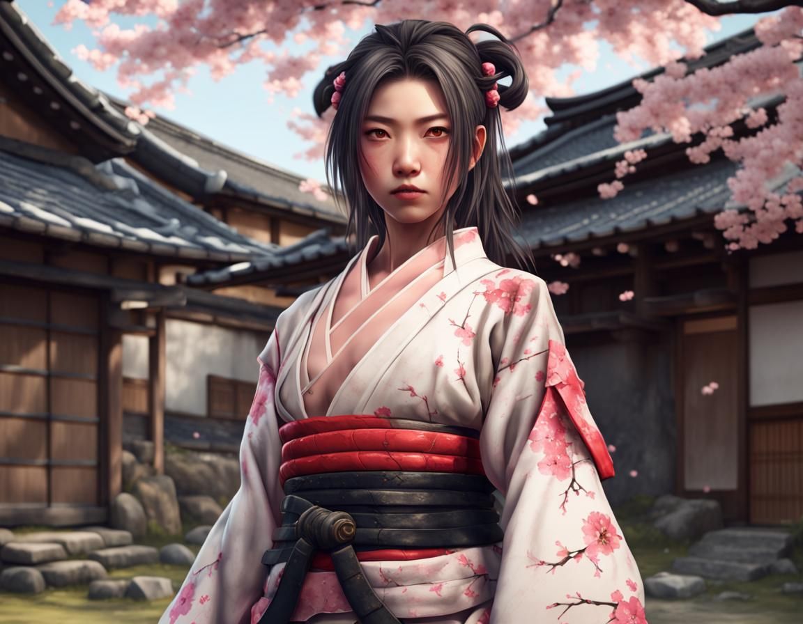 Strong Samurai Girl in Sakura Blossom Village