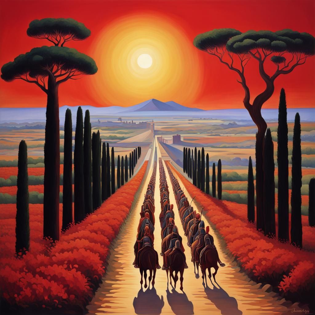 Appian Way Sunrise: Roman Legion in O'Keeffe Style