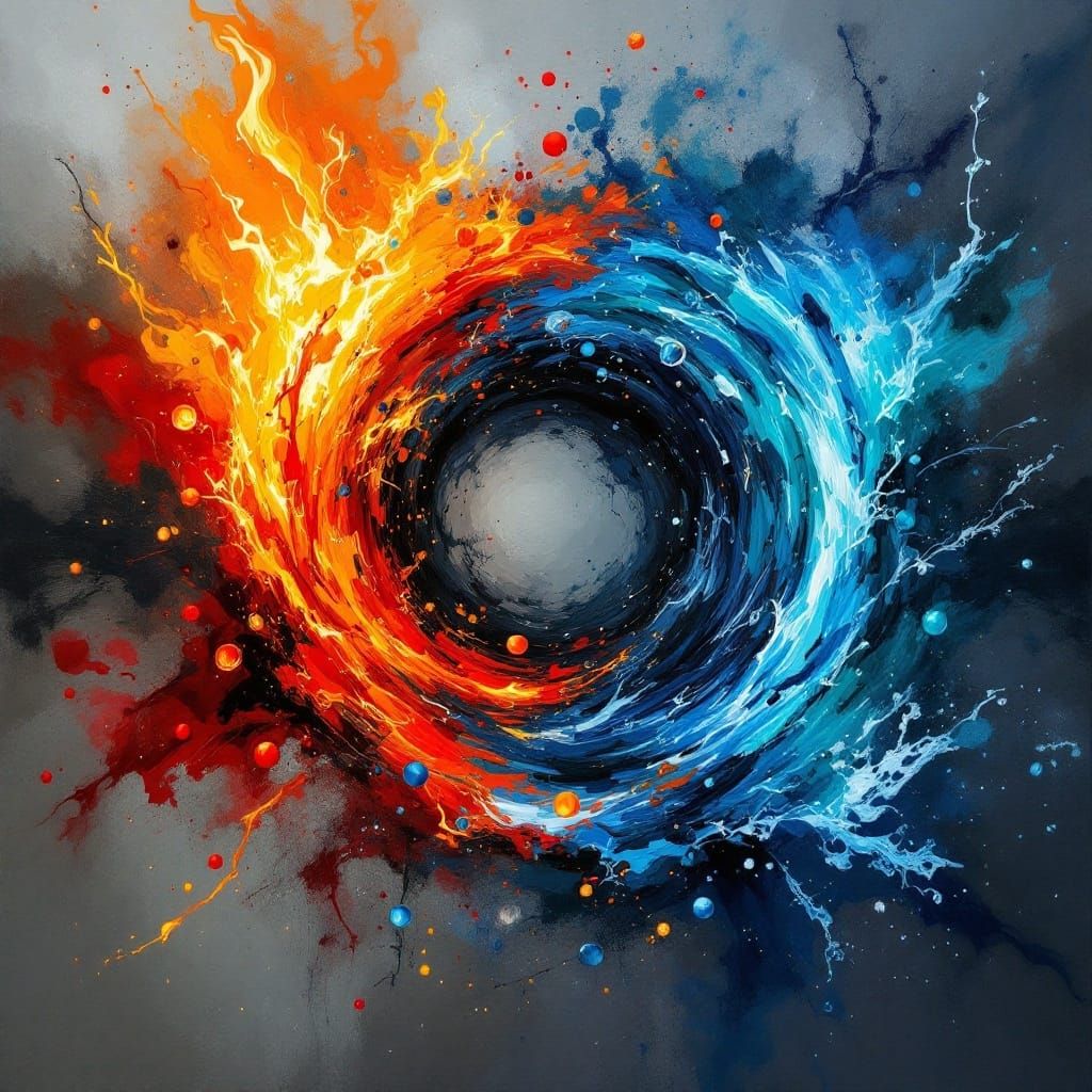 Abstract Expressionist Fire and Water Clash