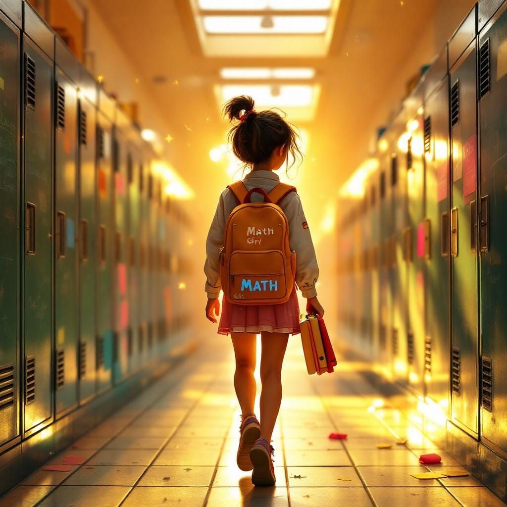 Math Girl in School Hallway, Digital Art