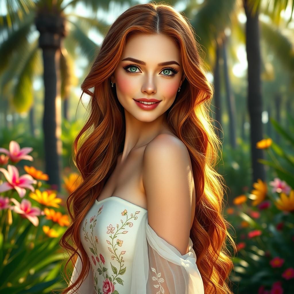 Emerald-Eyed Woman in Garden: Hyper-Realistic 3D Portrait