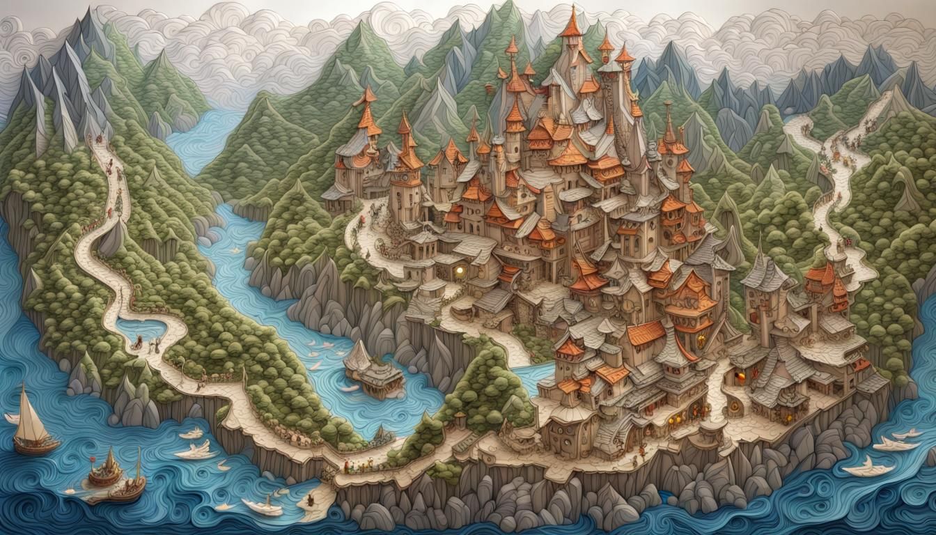 Detailed Paper Quilled Fantasy Map in 8K