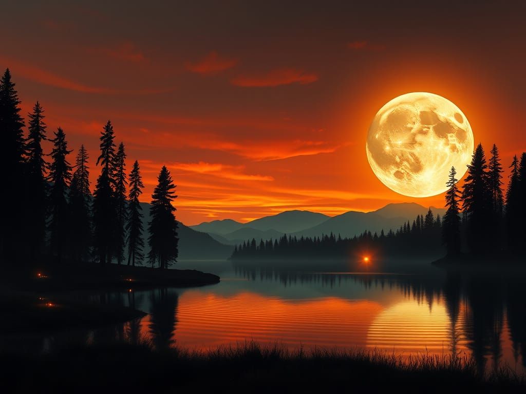 Large Luminous Moon Over Fiery Sky and Reflecting Lake