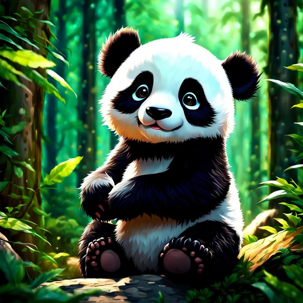 Adorable Chibi Panda in Forest, Digital Illustration