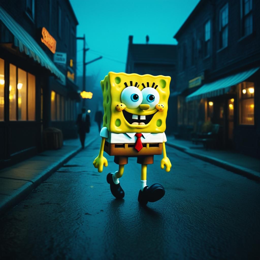 Spongebob Squarepants Walks to Restaurant: Cinematic Still