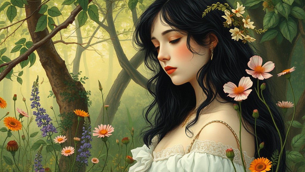 Dreamy Woman in Forest Glade, Gouache Style