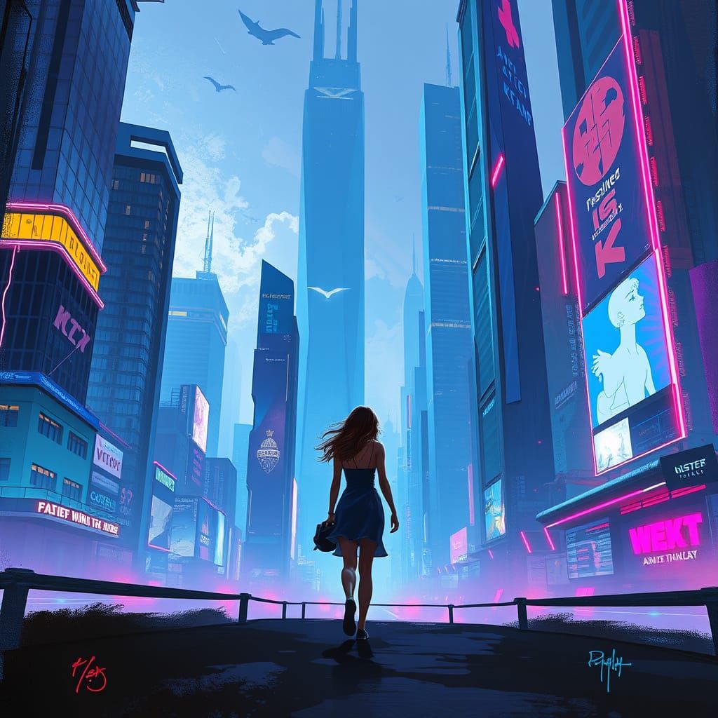 Futuristic Cityscape with Woman, Painterly Style
