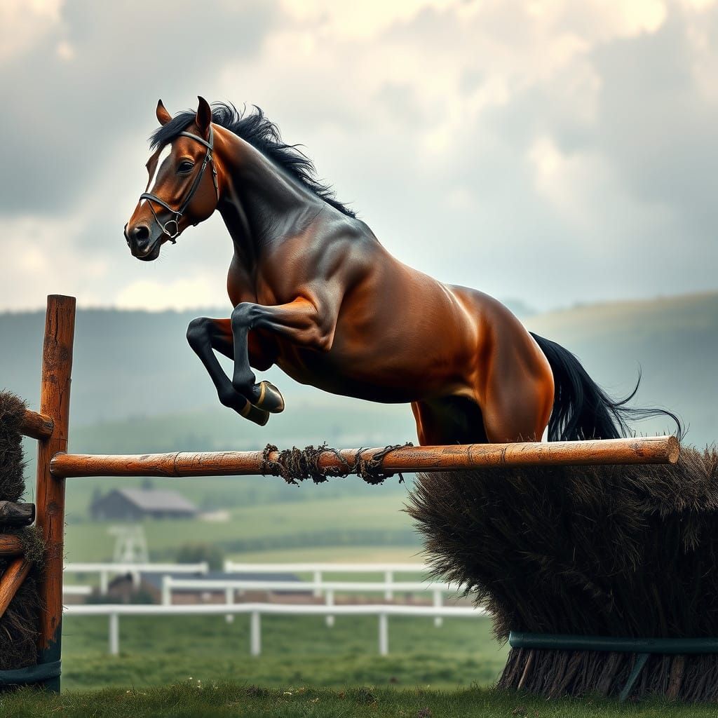 Majestic Thoroughbred Horse in Mid-Air, Grand National