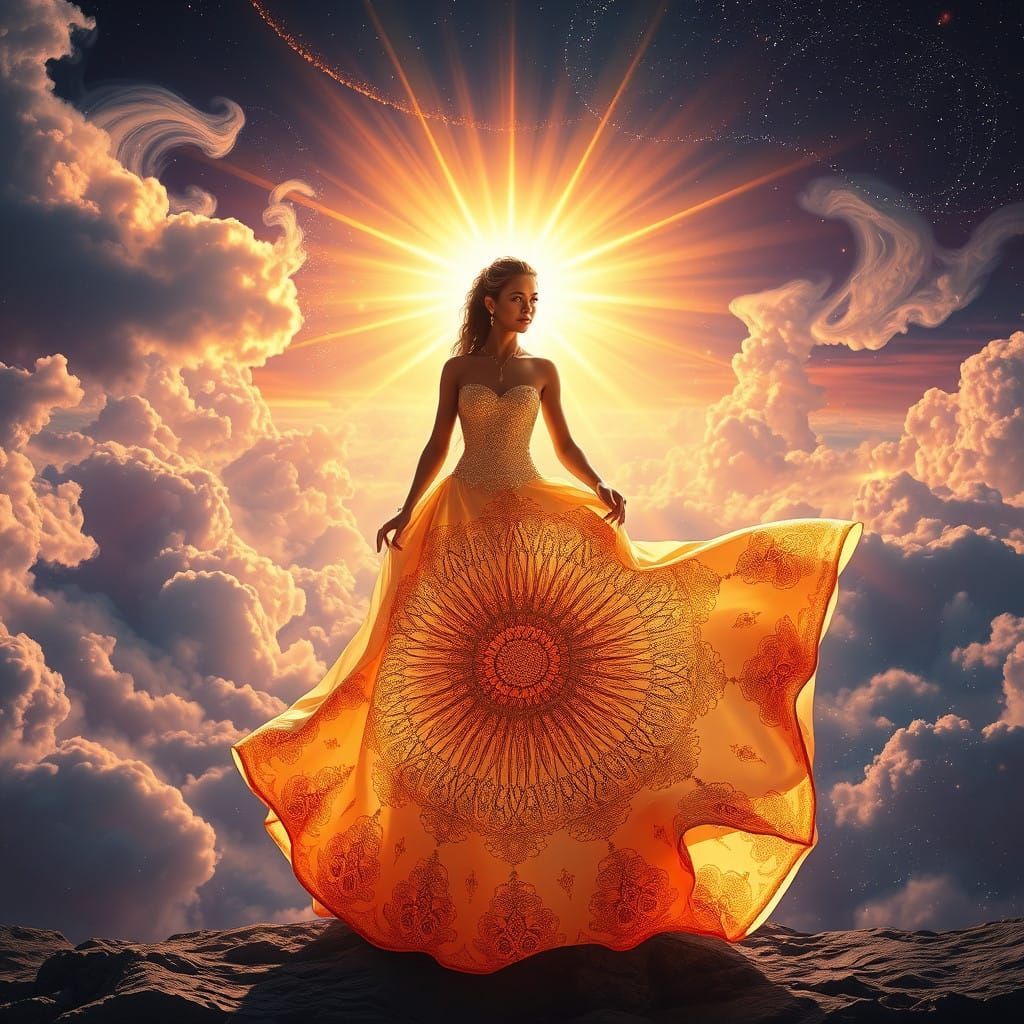 Woman in Sunburst Gown with Ethereal Backdrop