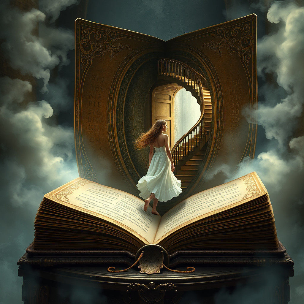 Girl Climbing Stairs in Giant Book, Digital Painting