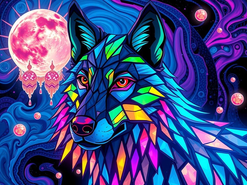 Cyberpunk Wolf in a Kaleidoscopic Neon Landscape