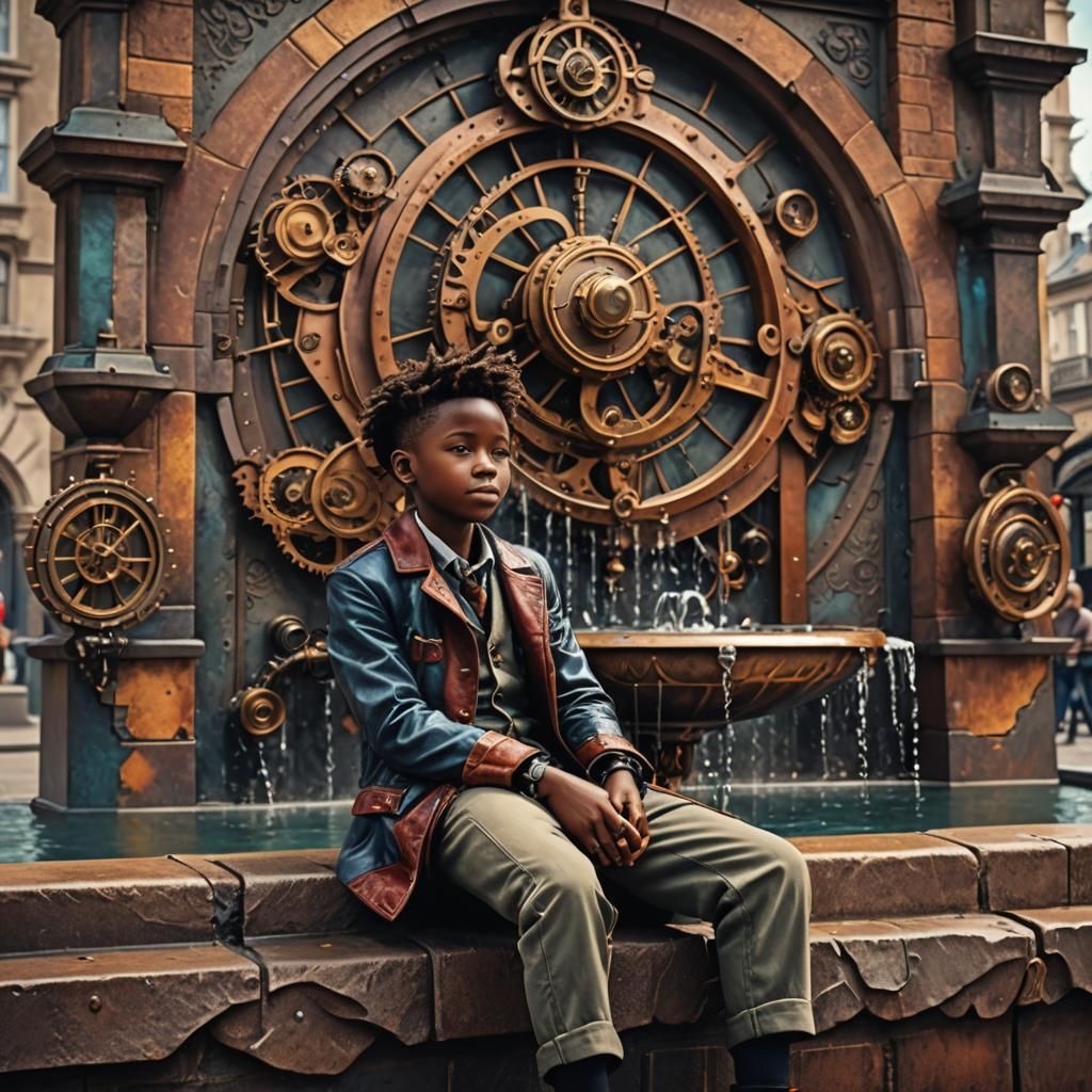 Happy Boy on Steampunk Fountain in Vibrant Colors