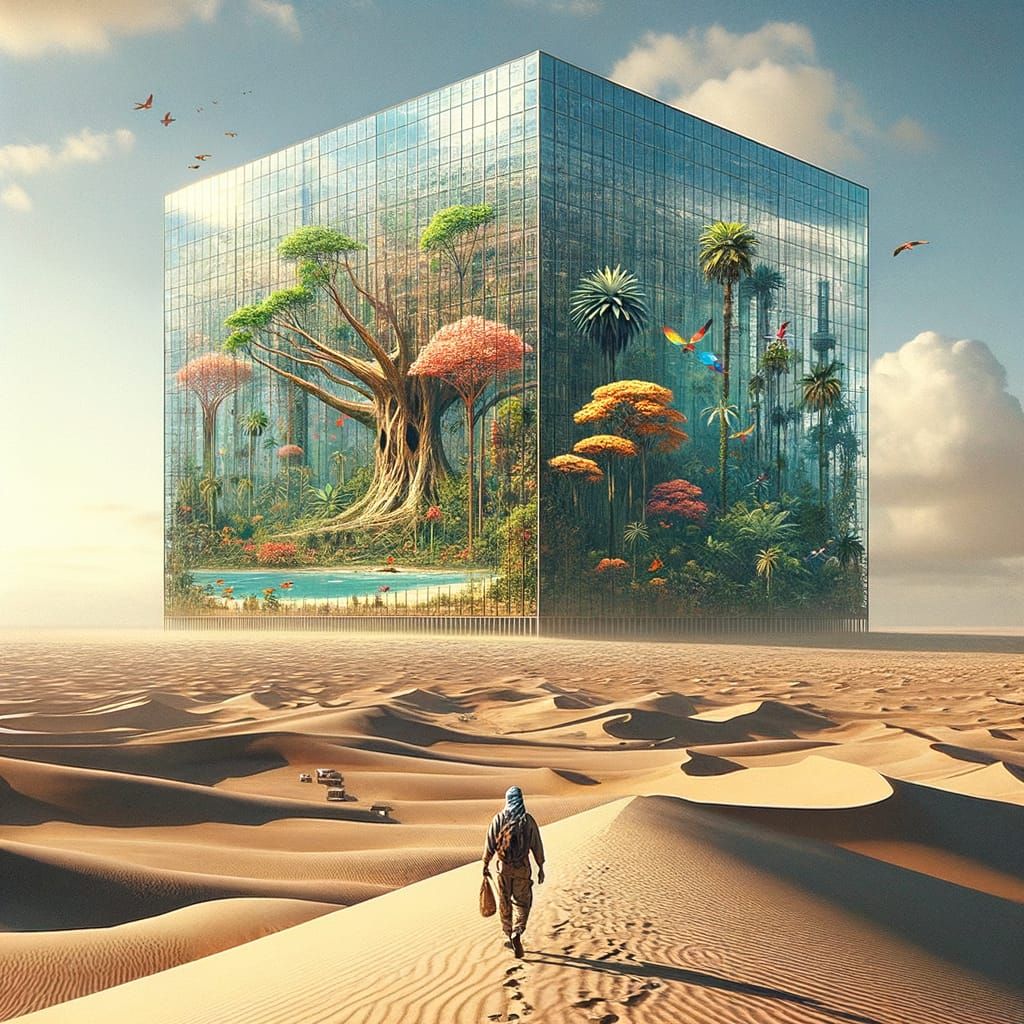 Desert Wanderer: Glass Tower Reflecting Jungle Oasis