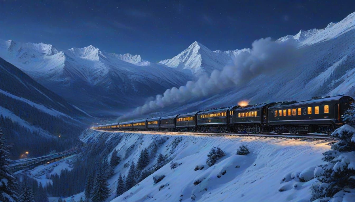 Majestic Steam Train on Snowy Mountain Pass at Twilight
