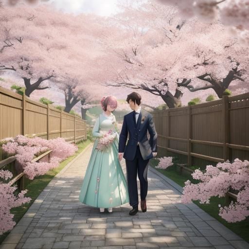 Romantic Anime Couple Under Cherry Blossom Tree