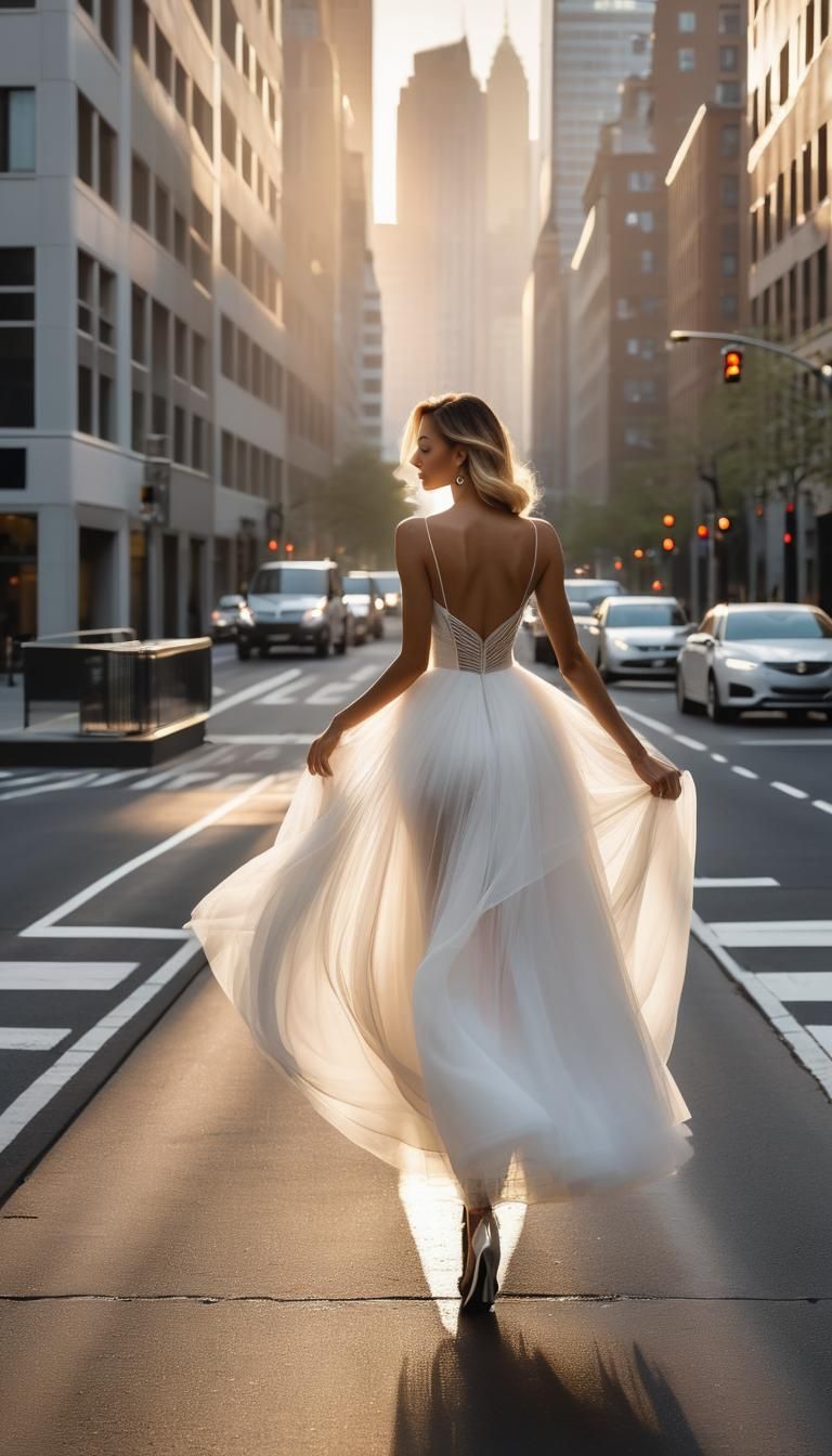 Woman in White Tulle Dress Walking City Street