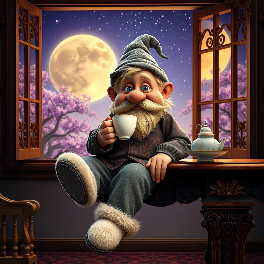 Brownie Sipping Tea in Moonlit Fantasy Scene
