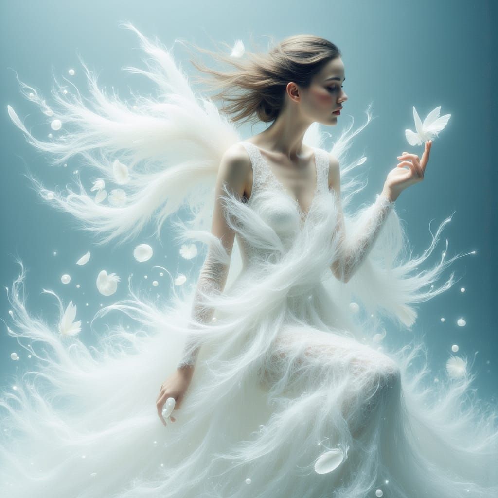 Serene Woman Transforms into Delicate Feathers in Dreamy Lan...