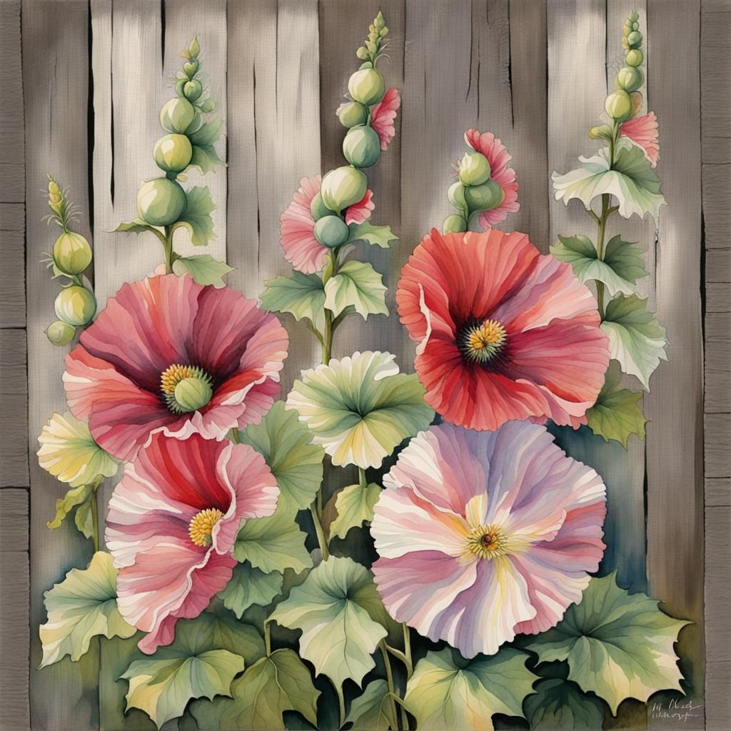 Hollyhocks and Barnwood in Naive Watercolor Style