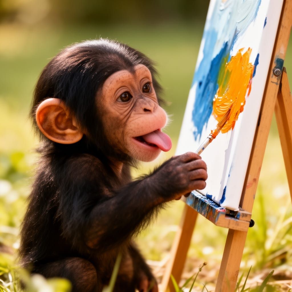 Cute Chimp Paints with Intense Concentration