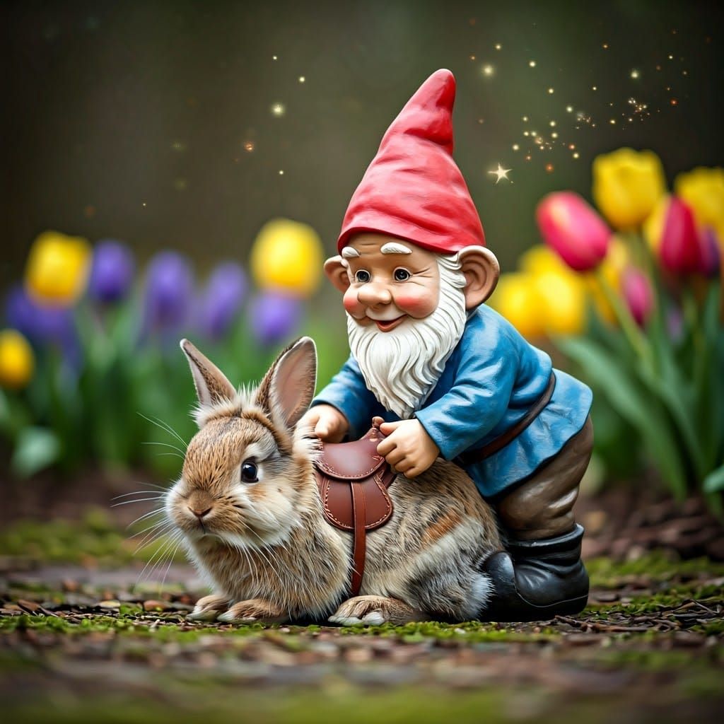 Garden Gnome Saddling Rabbit in Enchanting Garden Scene