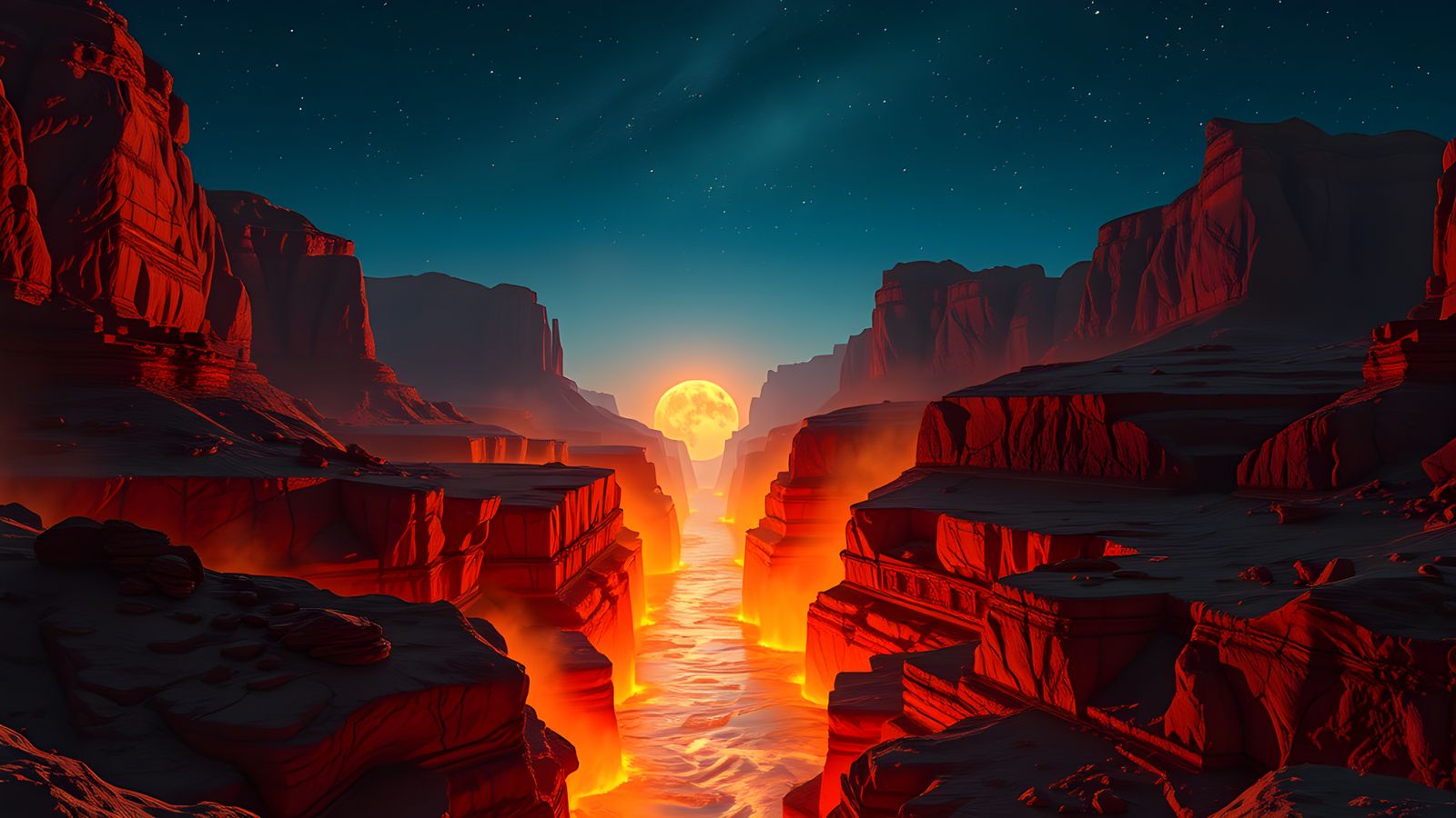Fiery Waterfall Illuminates Vast Canyon at Night