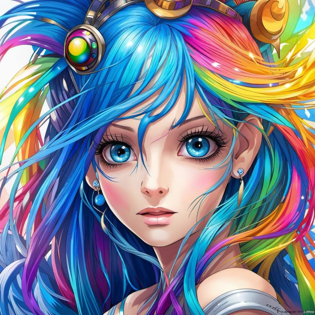Anime Raver Woman Portrait with Rainbow Eyes