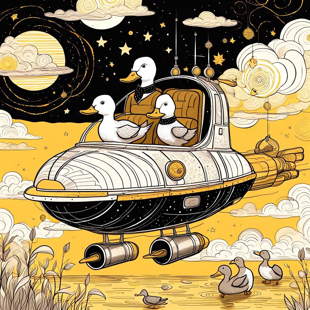 Ducks Fly a Rocketship: Whimsical 2D Digital Art
