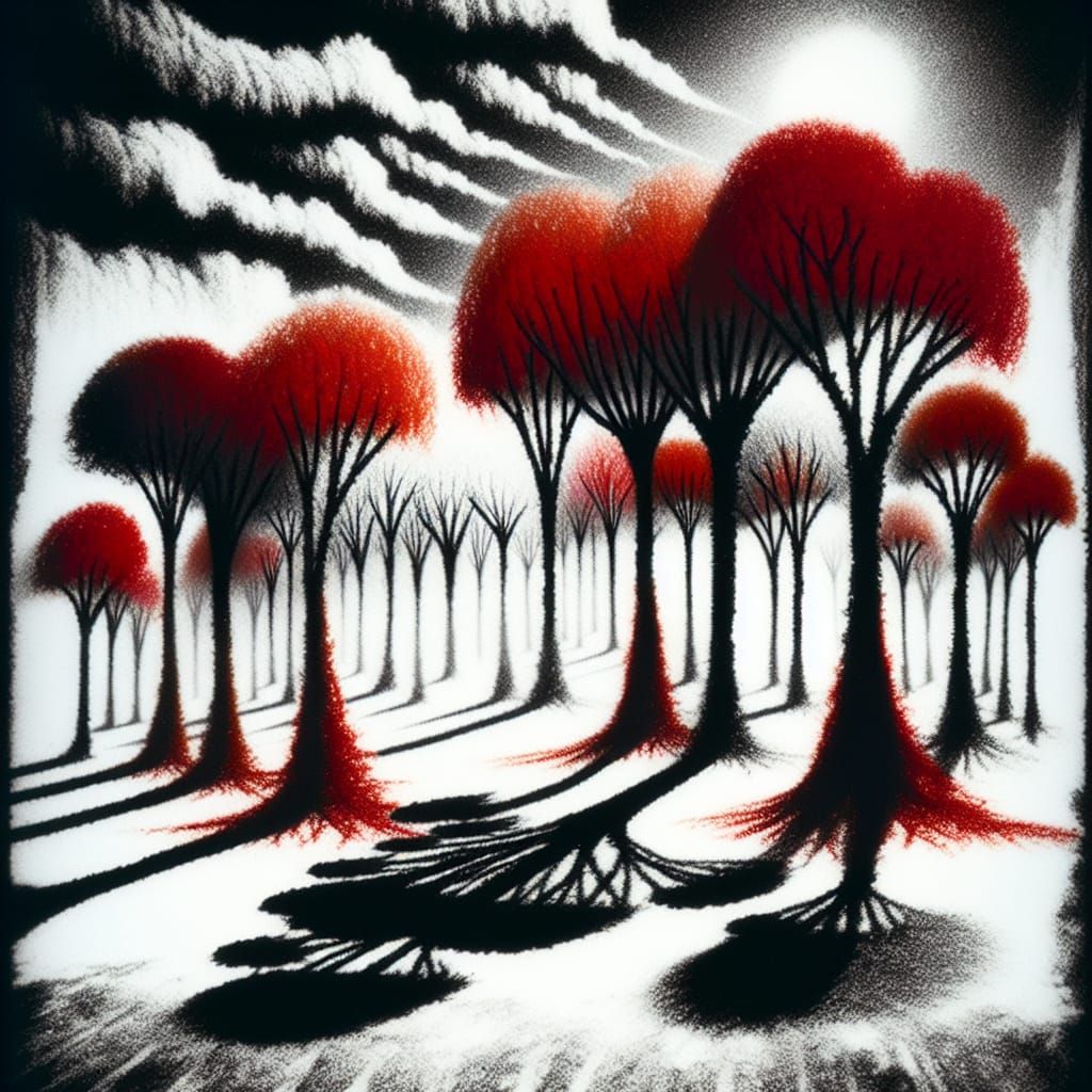 Kids Crayon drawings ,surreal child's drawing , rayograph , photogram, red trees, black and white landscape