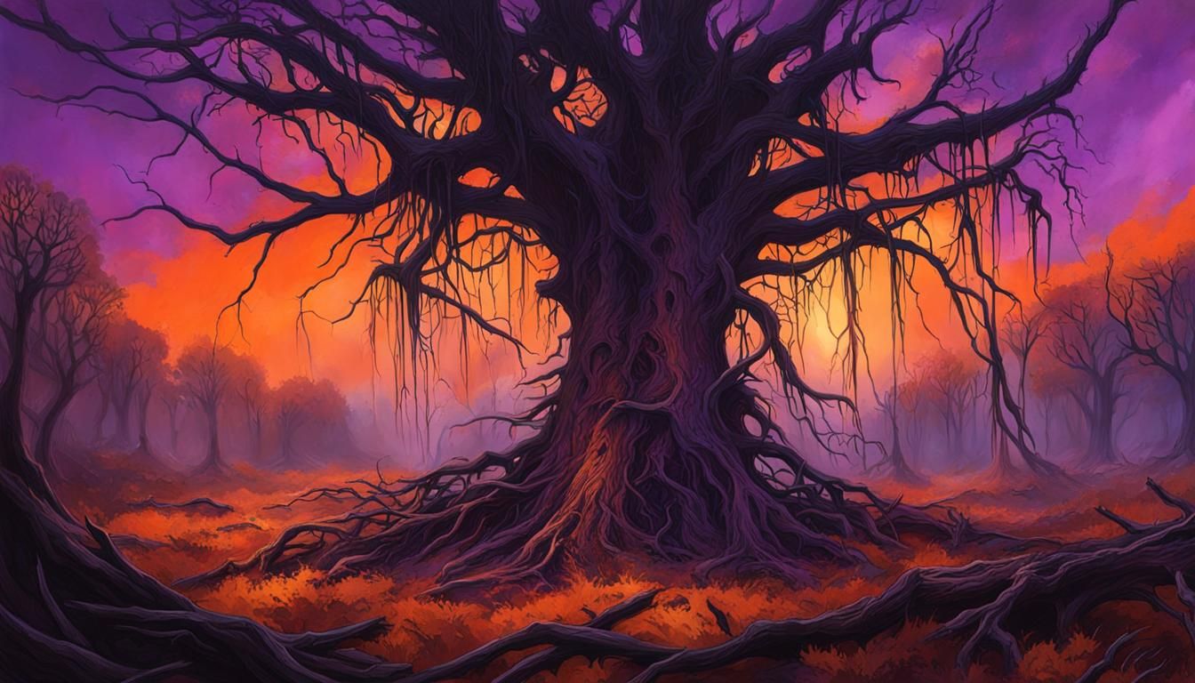 Decaying Landscape with Spiderweb Trees in Gloomy Light