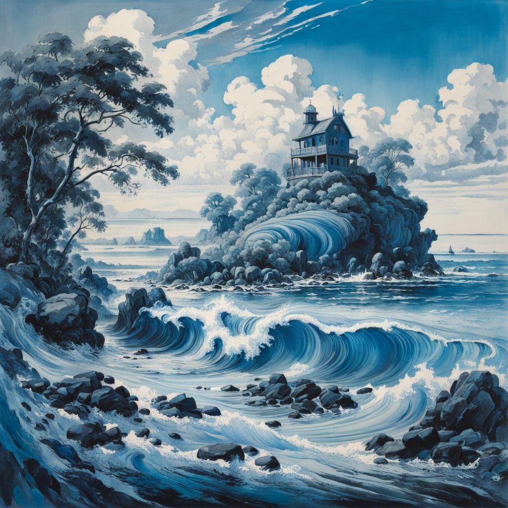 Cyan Monochromatic Ocean Shore in Ink Wash Style